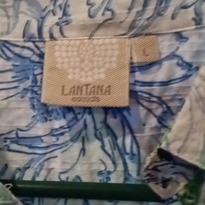 NWOT LANTANA green multi-colored floral foliage print v-neck blouse Size Large